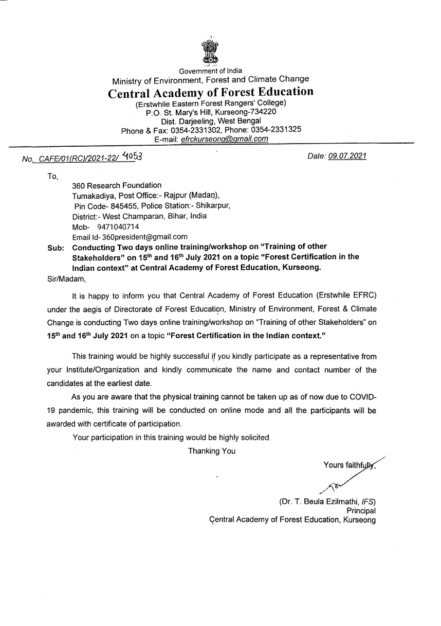 Letter from Government, Department of Forest